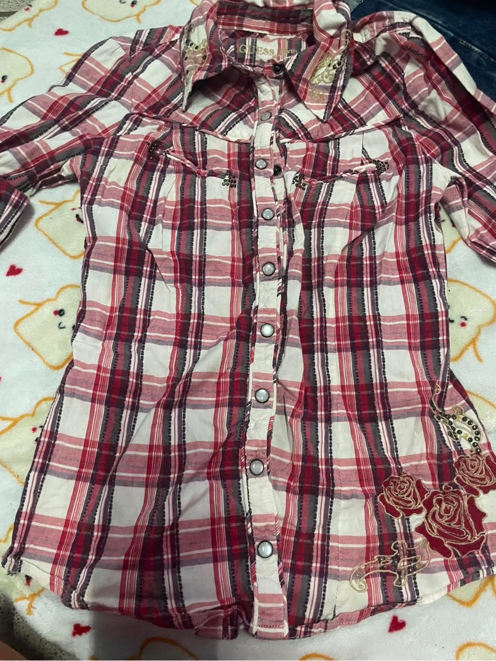 Guess Girls Red & White Plaid Button-Down Shirt